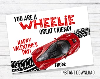 Wheelie Valentine Card - Car Valentine Card - Printable - Instant download - School Valentines