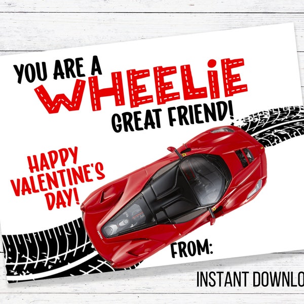 Wheelie Valentine Card - Car Valentine Card - Printable - Instant download - School Valentines
