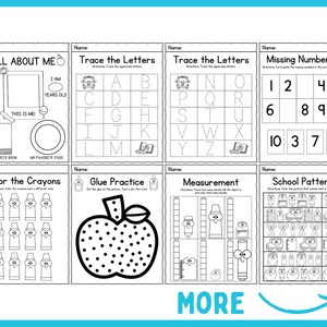 May include: Black and white printable worksheet for preschoolers with activities such as tracing letters, colouring crayons, counting numbers, and completing patterns. The worksheet includes the words "All About Me", "Trace the Letters", "Missing Numbers", "Colour the Crayons", "Glue Practice", "Measurement", and "School Patterns".