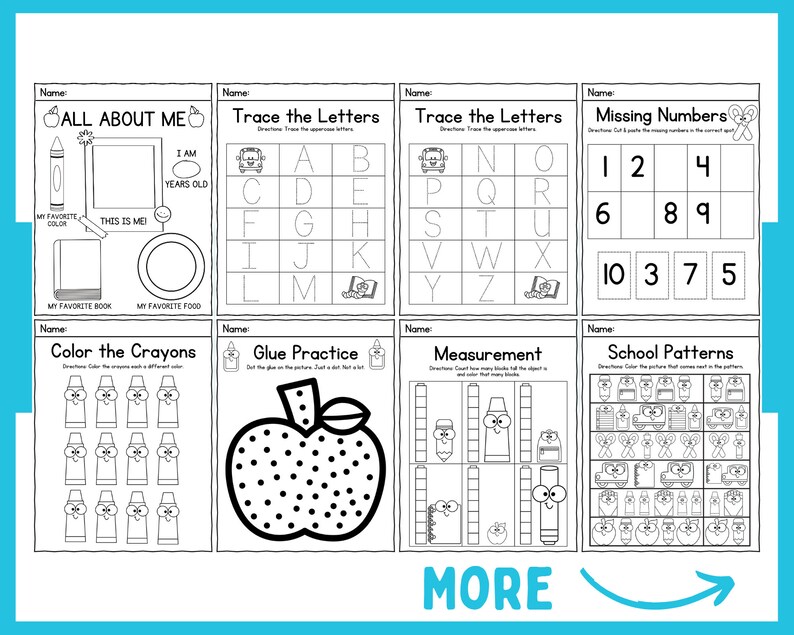 May include: Black and white printable worksheet for preschoolers with activities such as tracing letters, colouring crayons, counting numbers, and completing patterns. The worksheet includes the words "All About Me", "Trace the Letters", "Missing Numbers", "Colour the Crayons", "Glue Practice", "Measurement", and "School Patterns".