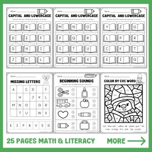Puede incluir: Un conjunto de 25 hojas de trabajo imprimibles para ni&ntilde;os de preescolar, que incluyen actividades como hacer coincidir letras may&uacute;sculas y min&uacute;sculas, identificar letras que faltan y colorear por palabras CVC. Las hojas de trabajo son en blanco y negro y presentan una variedad de ilustraciones divertidas.