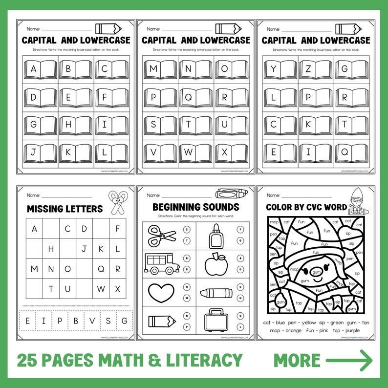 Puede incluir: Un conjunto de 25 hojas de trabajo imprimibles para ni&ntilde;os de preescolar, que incluyen actividades como hacer coincidir letras may&uacute;sculas y min&uacute;sculas, identificar letras que faltan y colorear por palabras CVC. Las hojas de trabajo son en blanco y negro y presentan una variedad de ilustraciones divertidas.