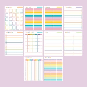 May include: A printable planner with colorful borders and sections for reading log, book list, supplies, curriculum, assignments, monthly plan, notes, to do list, attendance, and read aloud.