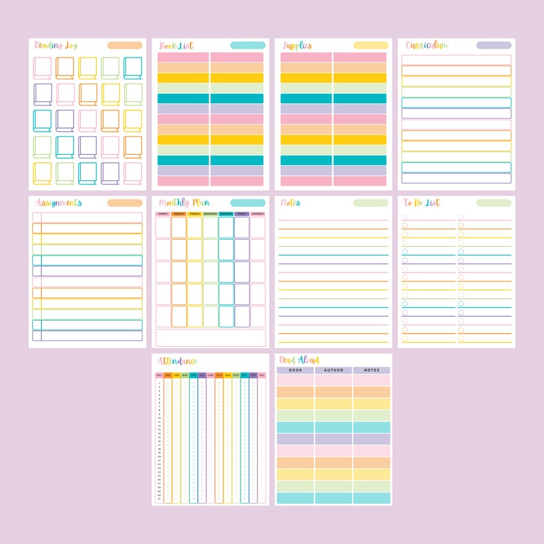 May include: A printable planner with colorful borders and sections for reading log, book list, supplies, curriculum, assignments, monthly plan, notes, to do list, attendance, and read aloud.