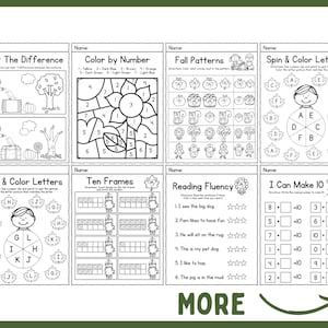 May include: Black and white printable worksheets for kids featuring fall-themed activities like color by number, spot the difference, spin and color letters, fall patterns, ten frames, reading fluency, and I can make 10.