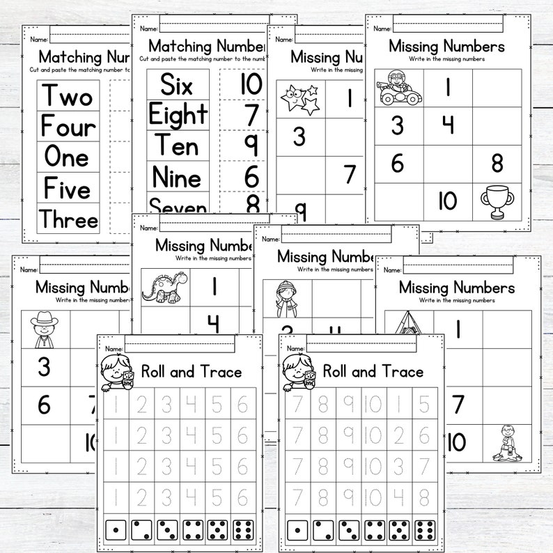 以下が含まれることがあります： 子供たちが数字のマッチング、欠けている数字の書き込み、数字のなぞりを練習するための白黒の印刷可能なワークシート。ワークシートには、恐竜、レーシングカー、トロフィー、カウボーイなど、さまざまなイラストが描かれています。