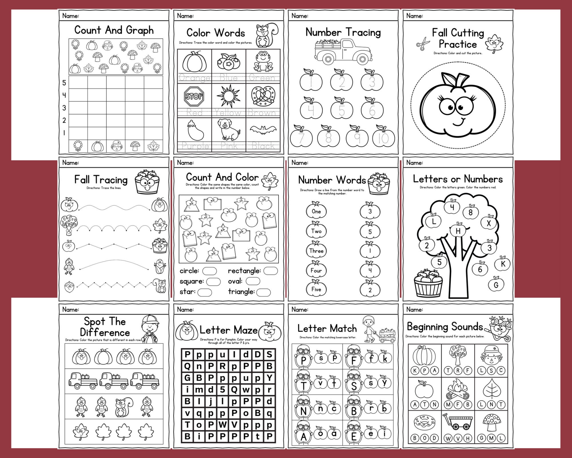 Preschool - Fall Themed - Worksheets - Printable - Homeschool - Teacher ...