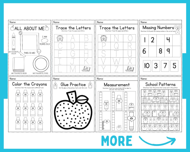 May include: Black and white printable worksheet for preschoolers with activities such as tracing letters, colouring crayons, counting numbers, and completing patterns. The worksheet includes the words "All About Me", "Trace the Letters", "Missing Numbers", "Colour the Crayons", "Glue Practice", "Measurement", and "School Patterns".