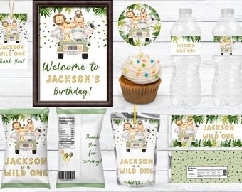 Fiesta de cumpleaños de la selva - Paquete - Paquete - Editable - Imprimible - Bolsa de chips - Etiquetas de agua - Toppers de cupcakes - Etiqueta de regalo - Envoltorio de chocolate