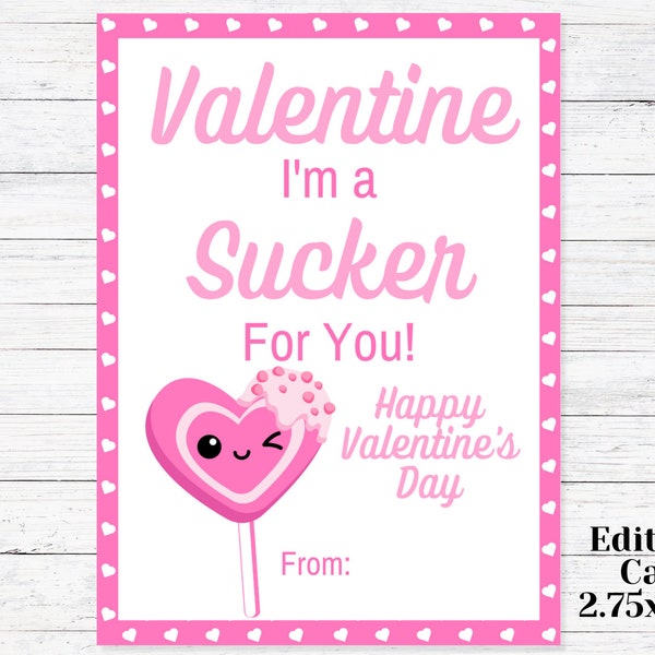 Valentine Card - Printable - I'm a sucker for you - Lollipop Valentine - Instant Download - School Valentine Cards