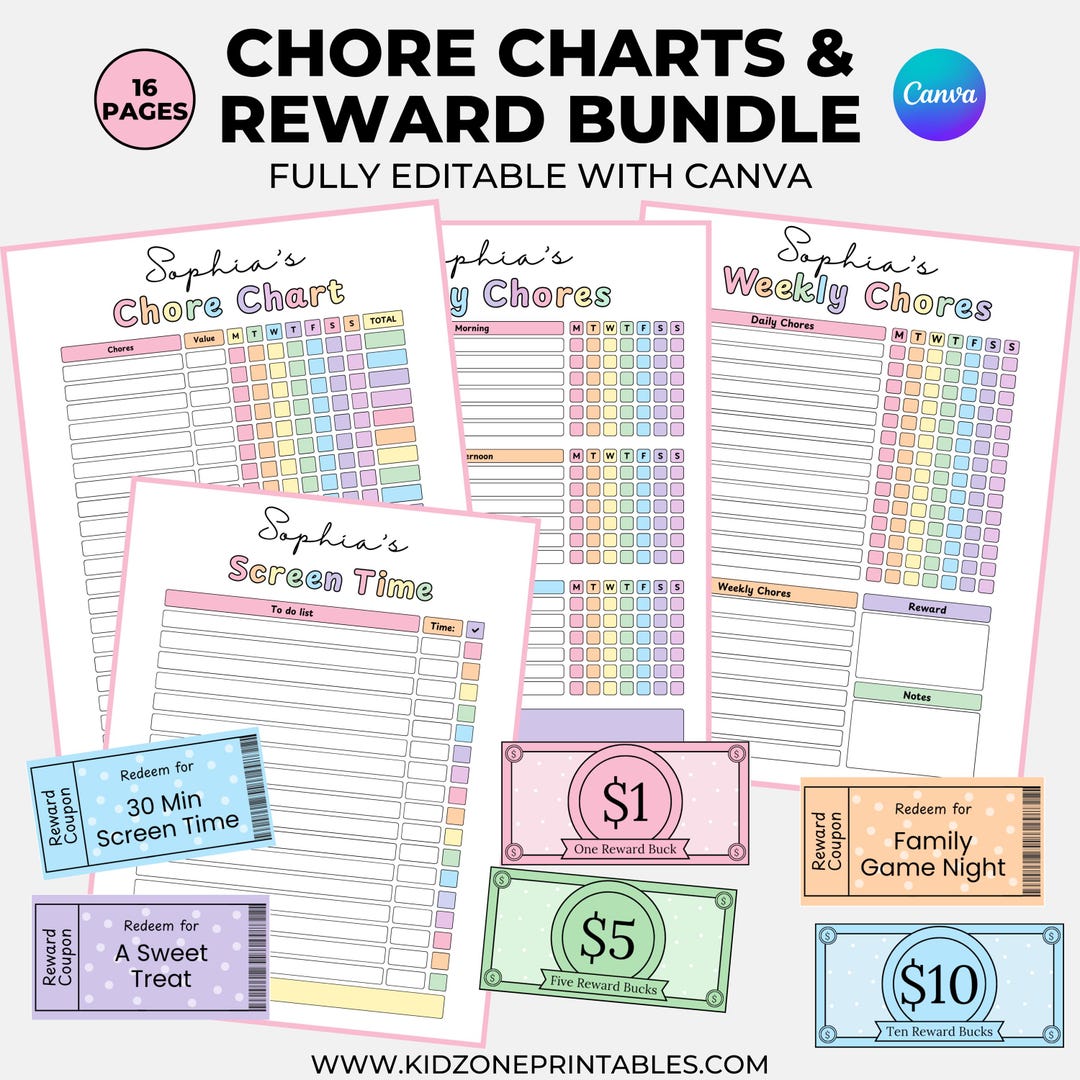 Editable Kids Chore Chart and Bucks - Printable - Reward Bucks - Chore ...