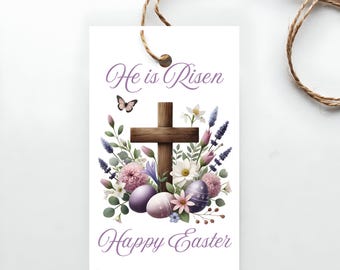 Religious Easter Gift Tags - Printable - He is Risen Tag - Instant Download - Floral Cross Tags - Digital Download PDF