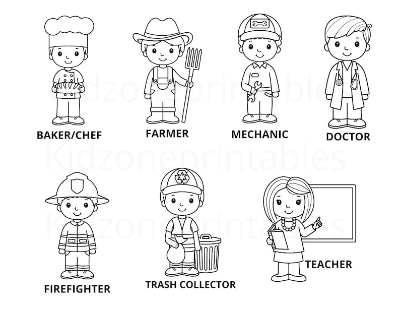 May include: Black and white line art illustrations of different professions.  The illustrations include a baker/chef, farmer, mechanic, doctor, firefighter, trash collector, and teacher.  Each illustration includes a person wearing a costume or uniform associated with their profession.
