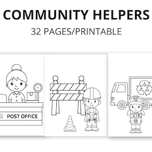 以下が含まれることがあります： コミュニティのヘルパーを描いた白黒の塗り絵ページ。ページには、郵便局の郵便配達員、バリケードのある建設作業員、リサイクルトラックの運転手とリサイクルトラックが描かれています。