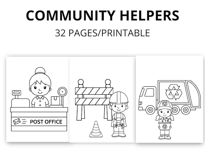 May include: Black and white line art coloring pages featuring community helpers.  The pages include a postal worker at the post office, a construction worker with a barrier, and a recycling truck driver with a recycling truck.