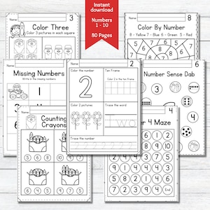 Feuilles d'exercices sur les nombres - Imprimables - Maternelle - Nombres jusqu'à 10 - Mathématiques - Compter - Téléchargement instantané - Maternelle - École à la maison - Ressources pour l'enseignant