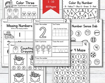 Number Worksheets - Printable - Kindergarten - Numbers to 10 - Math - Counting - Instant Download - Prek - Homeschool - Teacher Resources