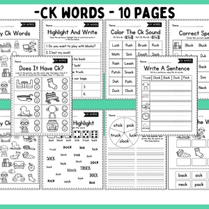 May include: Black and white printable worksheets for kids to practice spelling words with the "ck" sound. The worksheets include activities like "I Spy", "Highlight and Write", "Color the Ck Sound", "Correct Spelling", and "Write a Sentence".