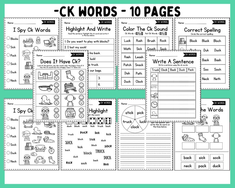 May include: Black and white printable worksheets for kids to practice spelling words with the "ck" sound. The worksheets include activities like "I Spy", "Highlight and Write", "Color the Ck Sound", "Correct Spelling", and "Write a Sentence".