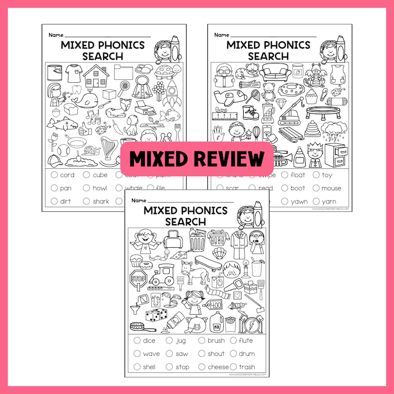 May include: Three black and white worksheets with the title "Mixed Phonics Search" and various illustrations. The worksheets include a word search activity with a list of words to find. The phrase "Mixed Review" is in a pink banner.