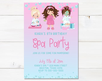 May include: A pink and blue invitation for a spa party. The invitation features three cartoon girls getting ready for a spa day. The text on the invitation reads "Kiara's 8th Birthday Spa Party. Join us for some fun pampering! July 15th at 2pm. Kiara's Spa 3231 Main Street Houston, Texas 12345 RSVP to 555-555-5555."