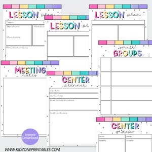 Op de afbeelding: Een verzameling afdrukbare lesplanningsjablonen, notulen en centerplannerpagina's. De ontwerpen bevatten kleurrijke tekst en randen met de woorden "Lesson Plan", "Meeting Notes", "Center Planner" en "Small Groups". De website www.kidzoneprintables.com is zichtbaar.