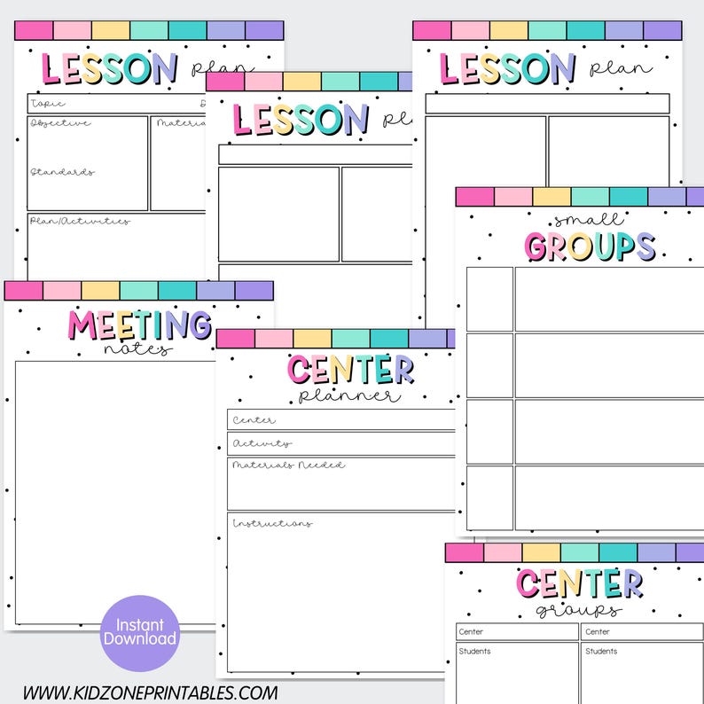 Op de afbeelding: Een verzameling afdrukbare lesplanningsjablonen, notulen en centerplannerpagina's. De ontwerpen bevatten kleurrijke tekst en randen met de woorden "Lesson Plan", "Meeting Notes", "Center Planner" en "Small Groups". De website www.kidzoneprintables.com is zichtbaar.