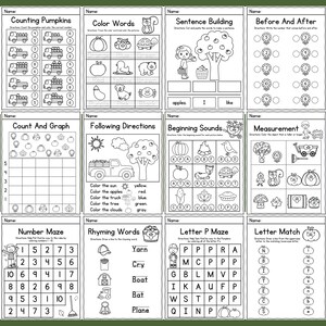 May include: Black and white printable worksheets for kids featuring fall-themed activities like counting pumpkins, color words, sentence building, before and after, count and graph, following directions, beginning sounds, measurement, number maze, rhyming words, letter P maze, and letter match.