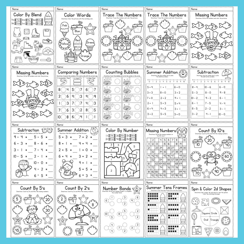 May include: A set of 16 printable summer-themed worksheets for kids. The worksheets include activities such as color by blend, color words, trace the numbers, missing numbers, comparing numbers, counting bubbles, summer addition, subtraction, count by 10s, count by 5s, count by 2s, number bonds, summer tens frames, and spin and color 2d shapes.