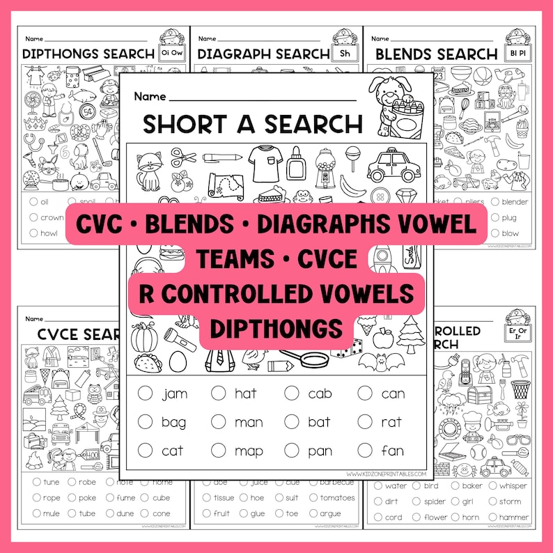 May include: Black and white printable worksheets for early literacy. The worksheets include word searches for digraphs, blends, and vowel teams. The text "SHORT A SEARCH" is visible. The worksheets are designed for educational purposes.