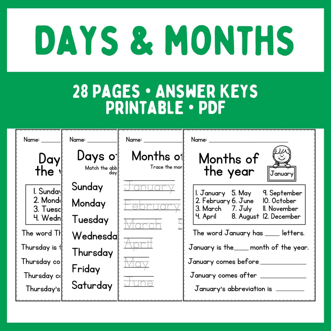Printable Worksheets - Months - Days of the Week - Kindergarten ...