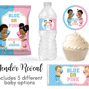 Gender reveal package - Editable - Printable - Chip bag - Water labels - Cupcake toppers - Chocolate wrapper