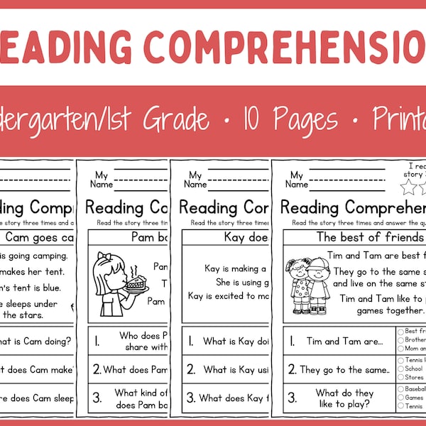 Reading Comprehension - Printable - Kindergarten - First Grade - Worksheets - Instant download