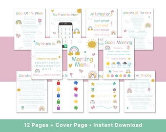 May include: A printable set of 12 pages with a rainbow theme. The pages include activities for children such as writing the days of the week, tracing numbers, and writing their name. The pages are designed to be used as a morning routine.