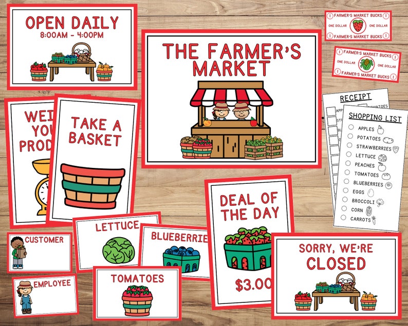 May include: A colorful printable set of signs for a pretend farmer's market. The signs include "Open Daily 8:00 AM - 4:00 PM", "Wet Your Produce", "Take a Basket", "Customer", "Employee", "Lettuce", "Blueberries", "Tomatoes", "Deal of the Day $3.00", "Sorry, We're Closed", "Receipt", and a shopping list with various fruits and vegetables.