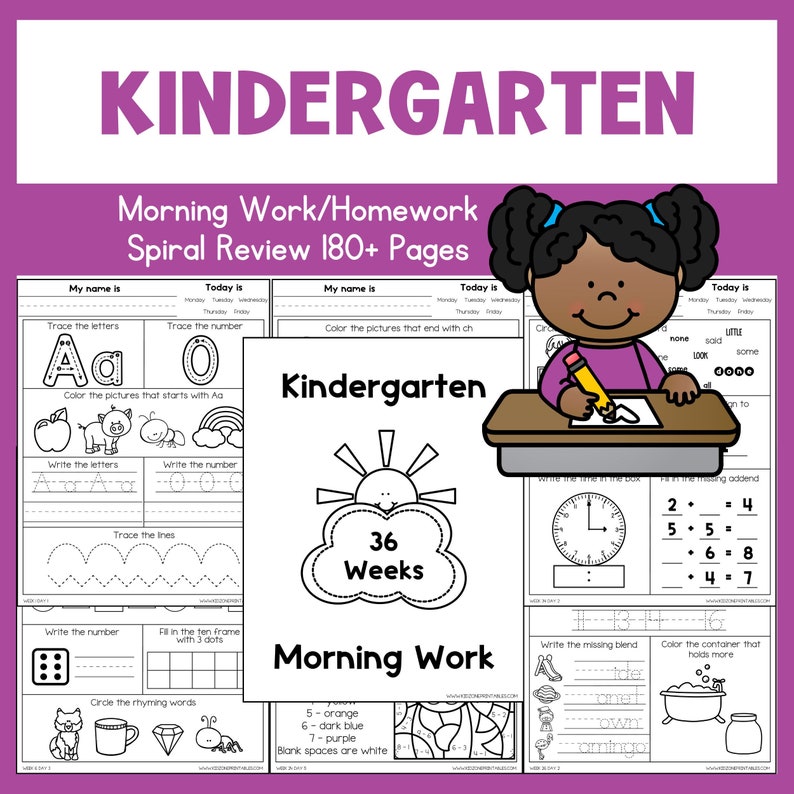 Pu&ograve; includere: Un foglio di lavoro in bianco e nero per bambini della scuola materna. Il foglio di lavoro include attivit&agrave; come tracciare le lettere, scrivere i numeri, colorare le immagini e completare un quadro di dieci. Il foglio di lavoro include anche una sezione per scrivere la data e il nome del bambino. Il foglio di lavoro &egrave; intitolato "Kindergarten Morning Work".