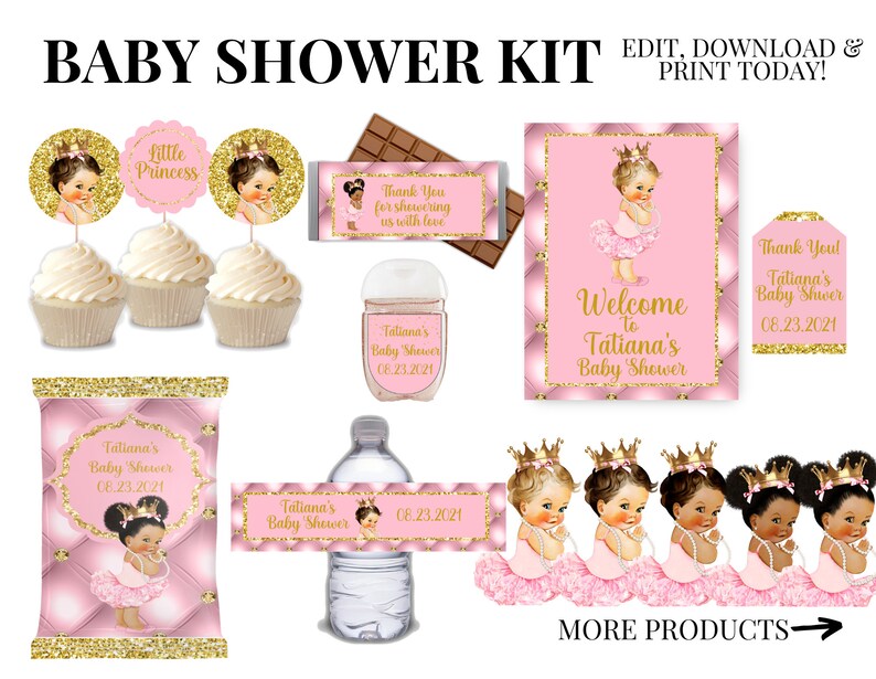 Baby shower kit Bundle Princess Gold Printable Chip Etsy