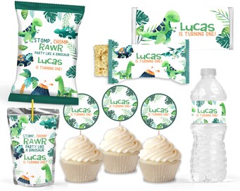 Dinosaur birthday bundle - Editable - Printable - Chip bag - Chocolate label - Water label - Juice label - Rice krispies - Cupcake topper