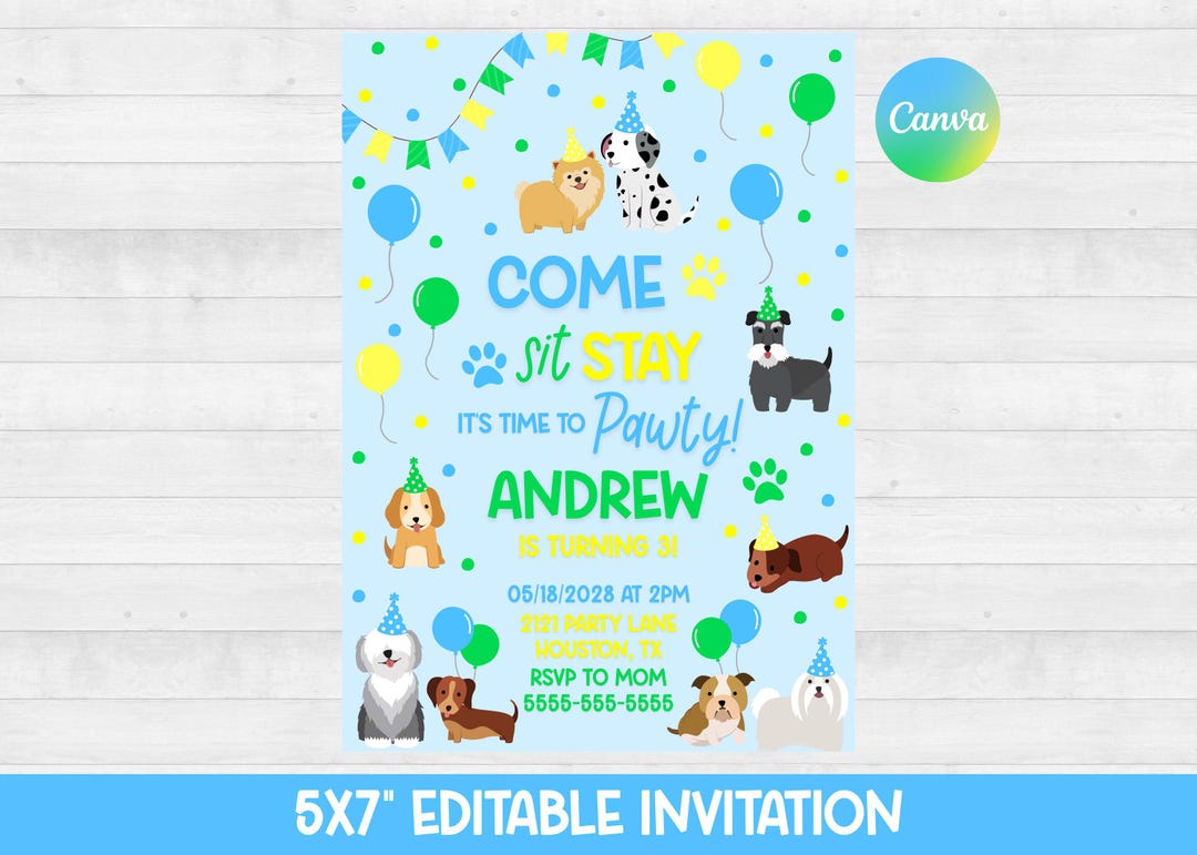 Puppy Party Invitation - Editable - Printable - Canva Template ...