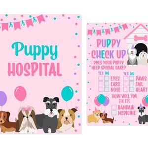 May include: A pink and blue printable party game for a puppy themed party. The game is a puppy check-up with a checklist of puppy ailments and a section to choose how to fix it. The game features a cartoon puppy house and several cartoon puppies.