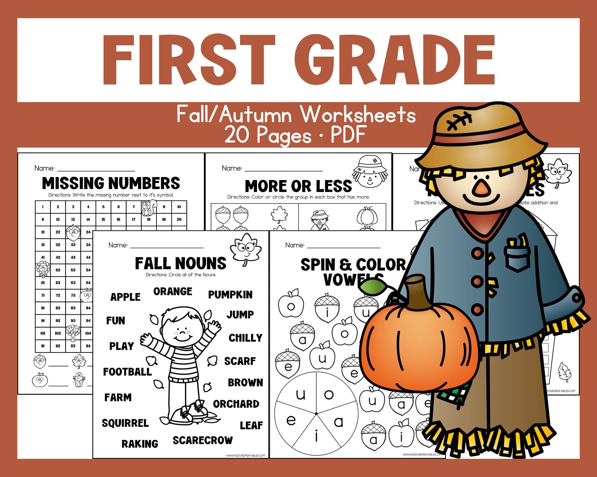 First Grade - Worksheets -  Fall Theme - Printable - Homeschool - Teacher Resources - Instant Download - Math - Literacy - Phonics