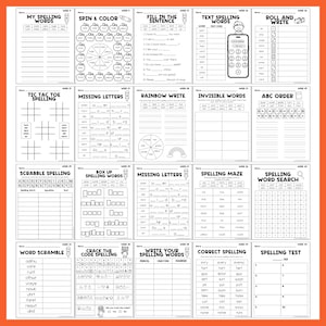 May include: A workbook with various spelling exercises, including fill-in-the-blank, word searches, and writing prompts. The pages are white with black text and orange borders, designed for educational use.