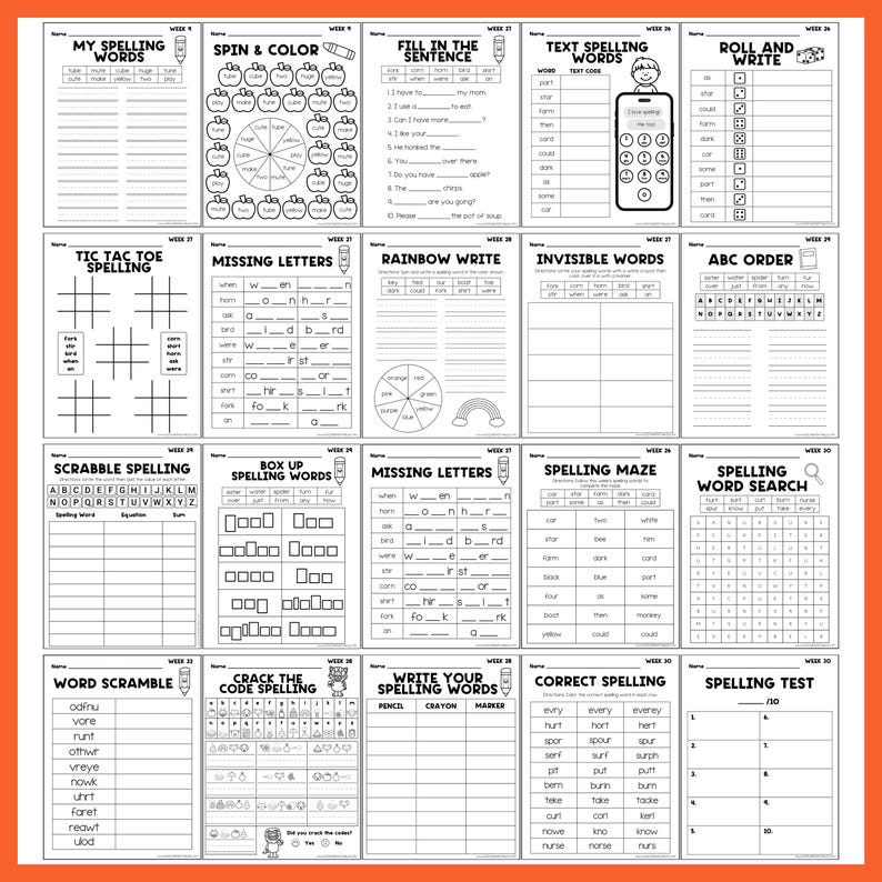May include: A workbook with various spelling exercises, including fill-in-the-blank, word searches, and writing prompts. The pages are white with black text and orange borders, designed for educational use.