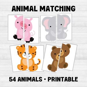 Op de afbeelding: Printbaar dieren memory spel met 54 dieren. Het spel bevat een varken, een olifant, een tijger en een beer. Elk dier is in twee&euml;n gesplitst, en spelers moeten de helften matchen om de dieren te voltooien.