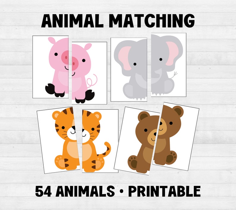 Op de afbeelding: Printbaar dieren memory spel met 54 dieren. Het spel bevat een varken, een olifant, een tijger en een beer. Elk dier is in twee&euml;n gesplitst, en spelers moeten de helften matchen om de dieren te voltooien.