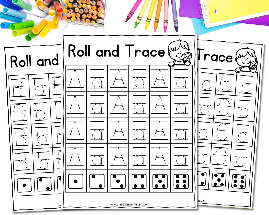Roll and trace worksheet alphabet printable dice game