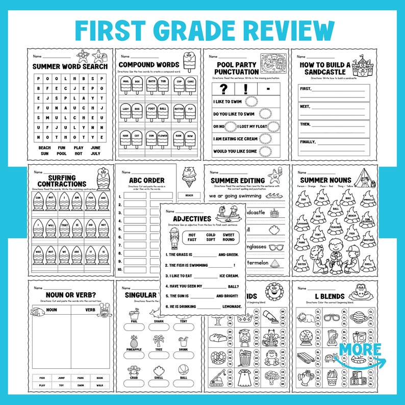 Peut inclure: Feuilles de travail imprimables en noir et blanc pour la r&eacute;vision d'&eacute;t&eacute; de premi&egrave;re ann&eacute;e. Les feuilles de travail comprennent des activit&eacute;s telles que des recherches de mots, des mots compos&eacute;s, la ponctuation, la correction, les noms, les adjectifs, les verbes et les assemblages.