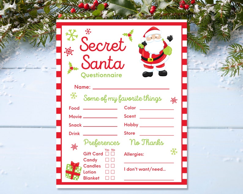 Secret Santa Questionnaire Printable Instant Download Etsy