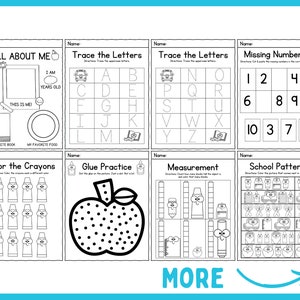 May include: Black and white printable worksheet for preschoolers with activities such as tracing letters, colouring crayons, counting numbers, and completing patterns. The worksheet includes the words "All About Me", "Trace the Letters", "Missing Numbers", "Colour the Crayons", "Glue Practice", "Measurement", and "School Patterns".