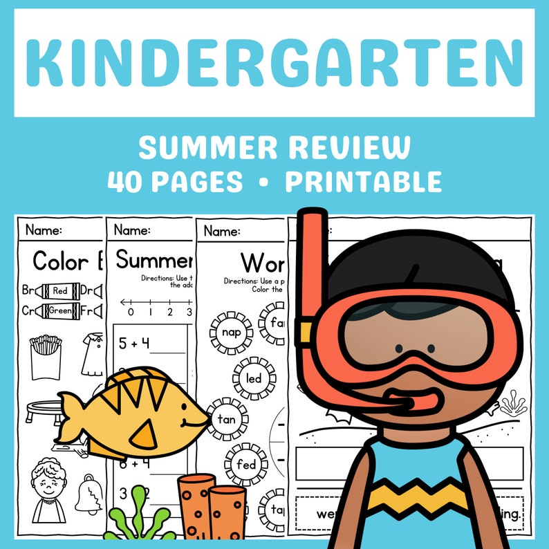 May include: A printable worksheet for kindergarten students featuring a summer theme. The worksheet includes activities such as coloring, counting, and word recognition. The worksheet features a cartoon illustration of a child wearing a snorkel and goggles.